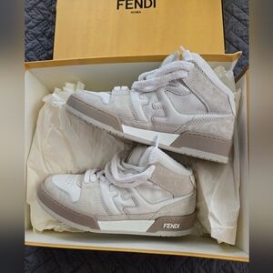FENDI Match FF logo leather lace up suede high top winter sneakers US 37 beige